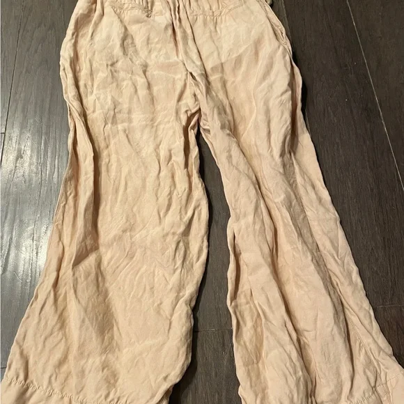 HALSTON Wide Leg Linen Blend Pants Beige Metallic Thread Elastic Waist Women's M - Picture 10 of 10